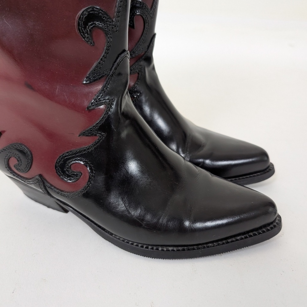 Pleather Ombre Boots Western Faux Leather PVC Round Toe Maroon Burgundy - Picture 2 of 10